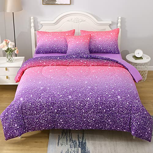 6-Piece Twin Comforter Set - Pink Purple Galaxy Bed in a Bag