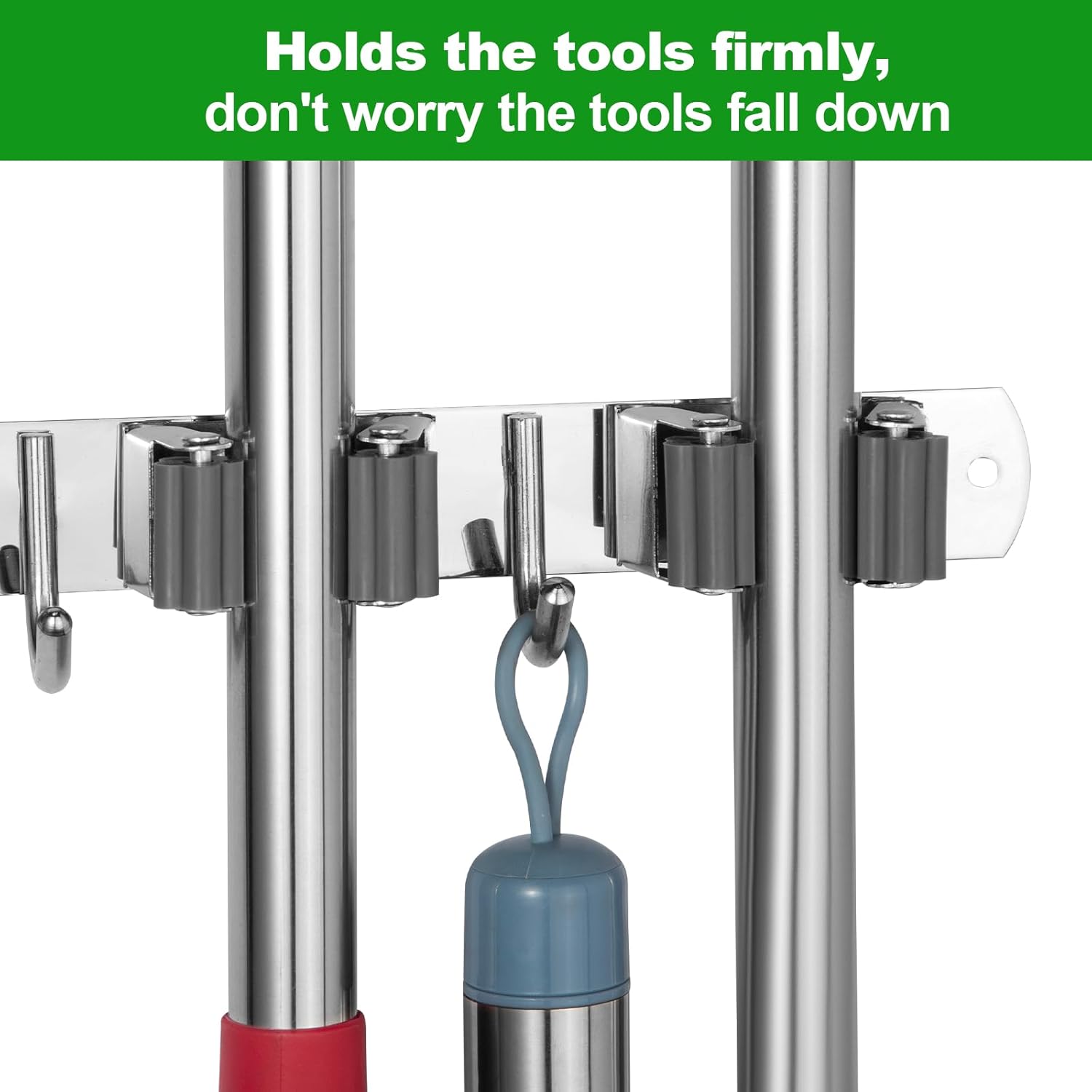 Voze Mop and Broom Holder - 5 Racks & 4 Hooks, Heavy-Duty Self-Adhesive Organizer | Silver