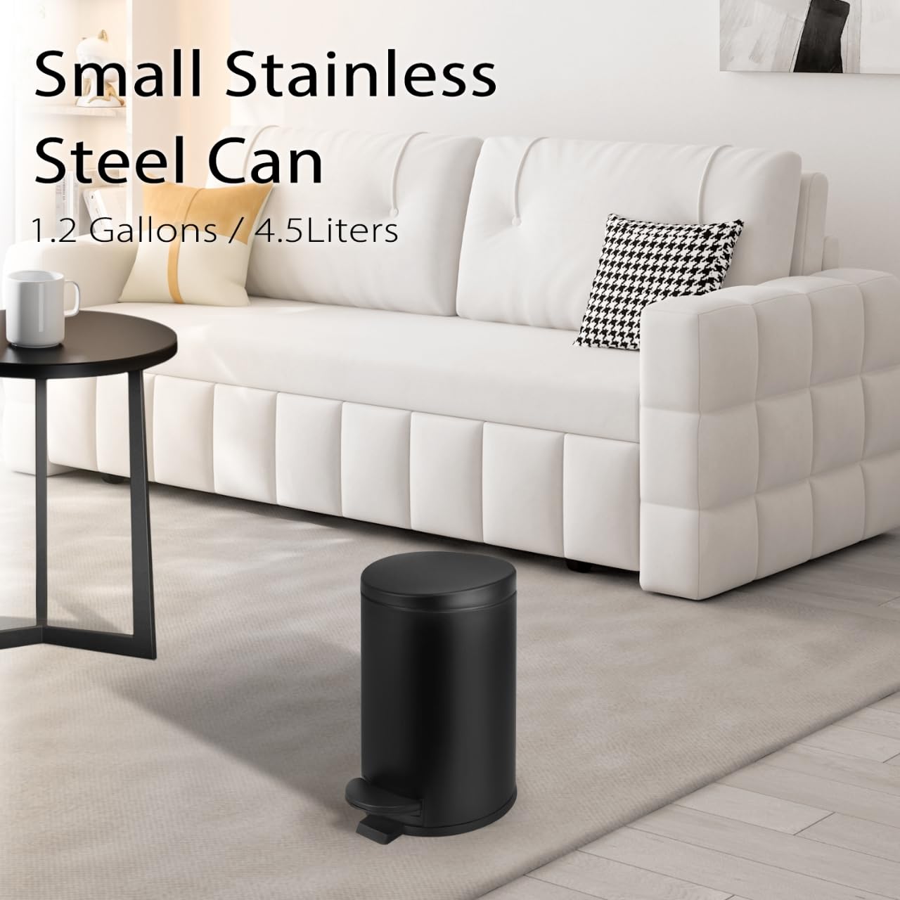 TIPGO Small Black Trash Can - 1.2 Gallon Stainless Steel Wastebasket with Lid for Bathroom & Office | Matte Black