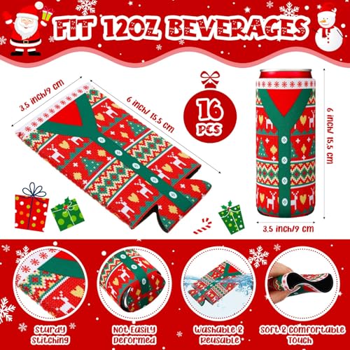 Maxcheck 16 Pcs Christmas Ugly Sweater Beer Can Cooler Sleeves for 12 oz – Sweater Variation