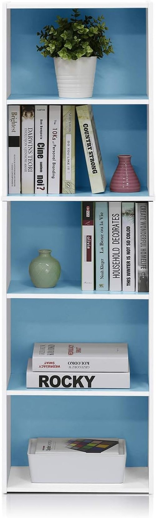 Furinno LUDER 5-Tier Bookshelf - Open Shelf Bookcase for Easy Assembly | White/Light Blue, 9.4 x 15.8 x 52