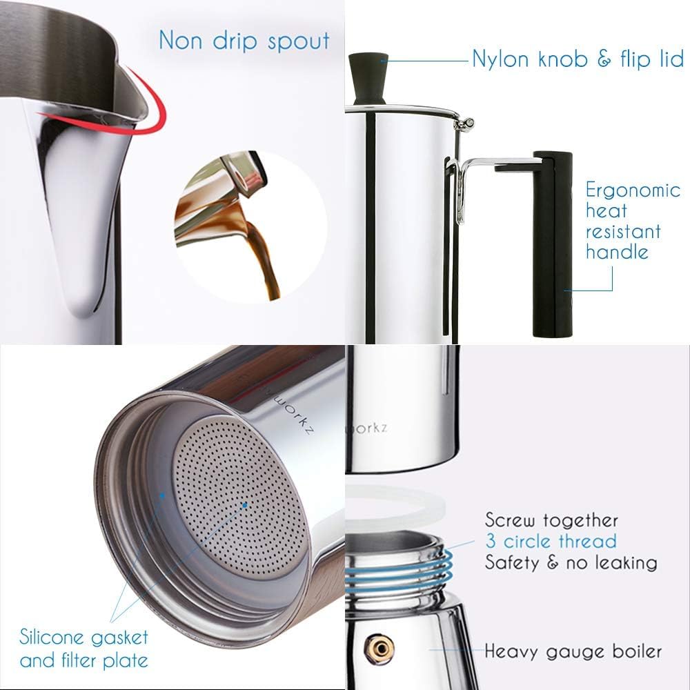Easyworkz Pedro Stovetop Espresso Maker 6Cup 300ml, Bundled Stainless Steel Espresso Cup 2pcs Set Double Wall Insulated Metal Demitasse Cups 2.5 oz