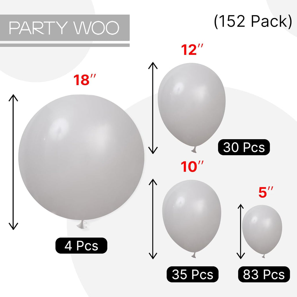 PartyWoo Gray Balloons - 152-Piece Matte Gray Latex Balloon Arch Kit | Perfect for Baby Showers, Graduations, Weddings & Birthdays