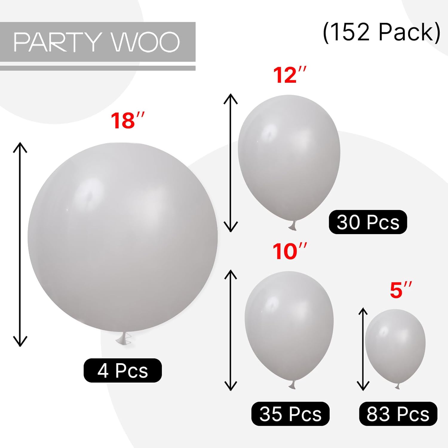 PartyWoo Gray Balloons - 152-Piece Matte Gray Latex Balloon Arch Kit | Perfect for Baby Showers, Graduations, Weddings & Birthdays