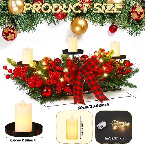 Christmas Table Centerpiece with 3 LED Candle Holders & Pine Cones