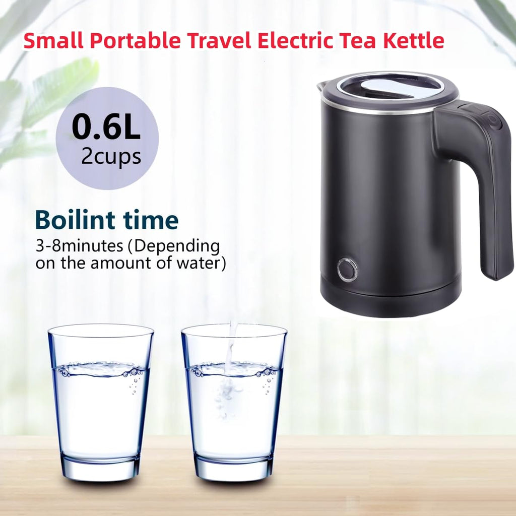 0.6L Small Electric Kettle Stainless Steel, 20oz Portable Travel Electric Tea Kettle, Mini Hot Water Boiler Heater for Business Trip, Camping, Travel, Office (Black)