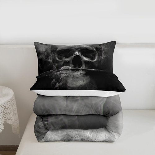 Erosebridal Skull Comforter Set Queen, Halloween Down Comforter, Gothic Fog Smoke Skull Skeleton Quilted Duvet, Grey Bedding Comforters for Young Man Boy Teens, Room Decorative, Soft Duvet Insert