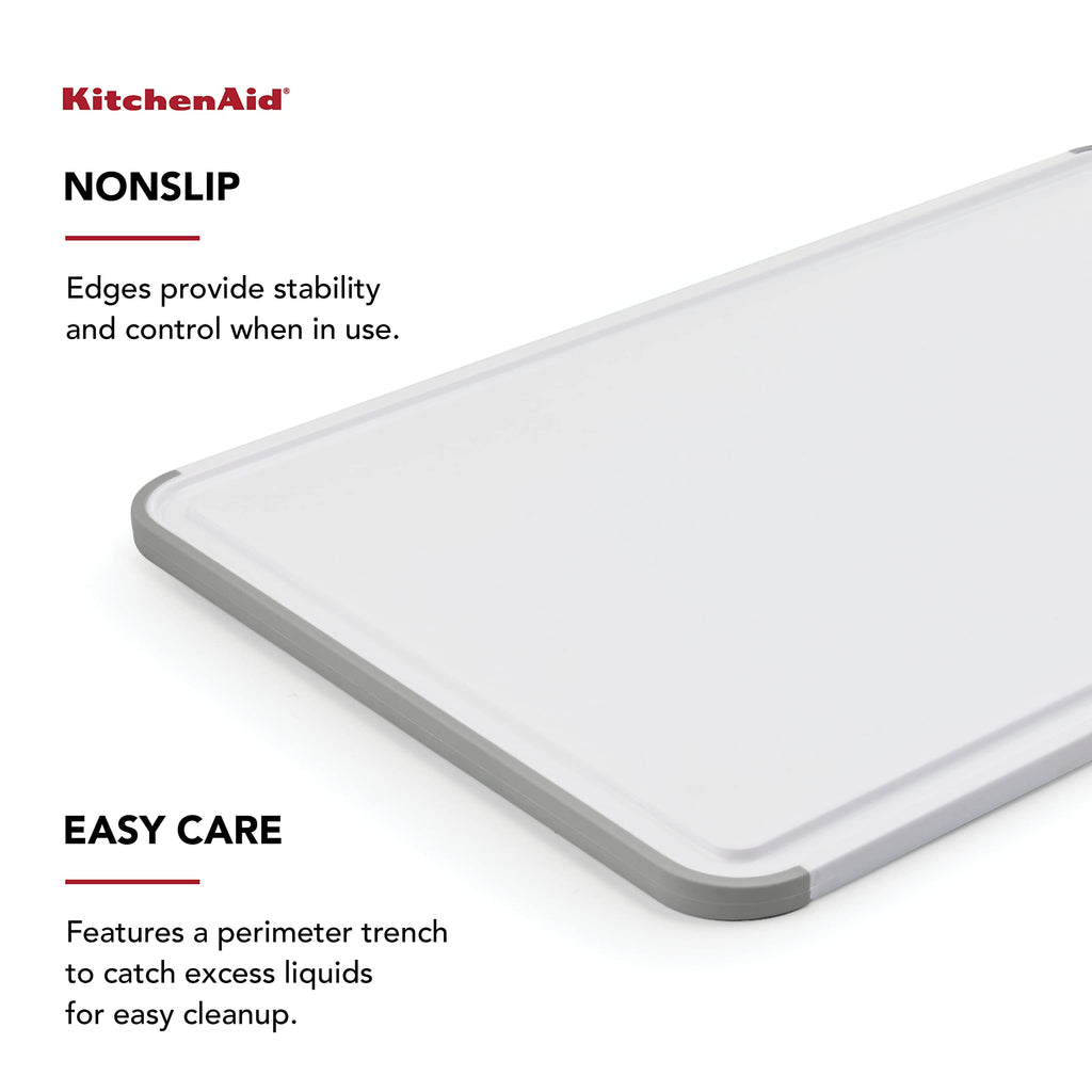 KitchenAid Classic Plastic Cutting Board with Perimeter Trench and Non Slip Edges, Dishwasher Safe, 12 inch x 18 inch, White and Gray