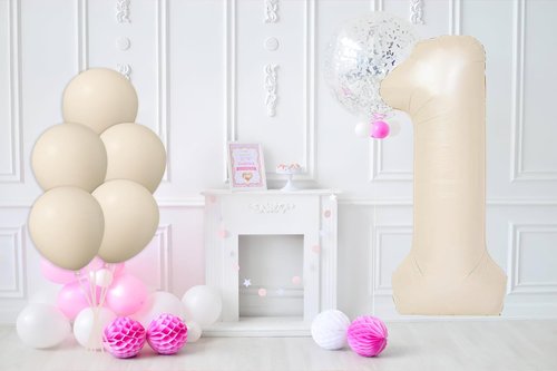 Beige Number 1 Foil Balloon - 40 Inch Large Latex Balloon for 1st Birthday Party & Baby Shower