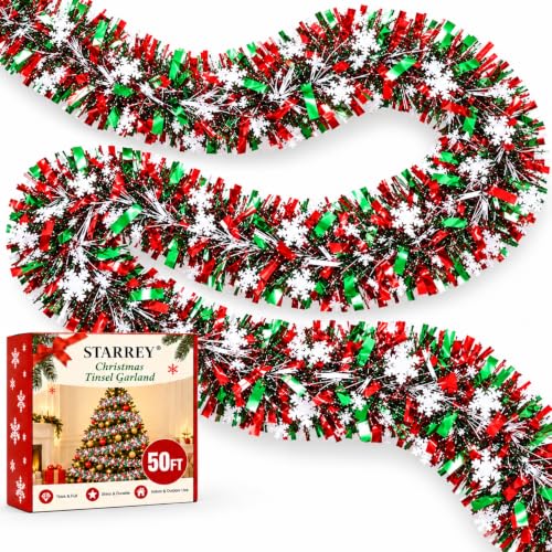 STARREY Christmas Tree Garland 50 Ft Red Green Snowflake Tinsel – Red Green Snowflake