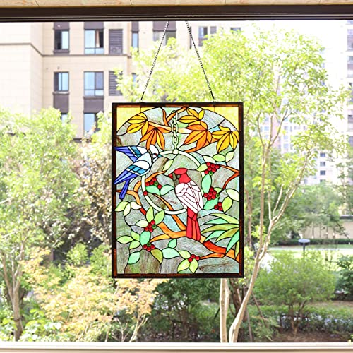 Tiffany Style Stained Glass Window Panel - Blue Jay & Cardinal, 18" x 24"
