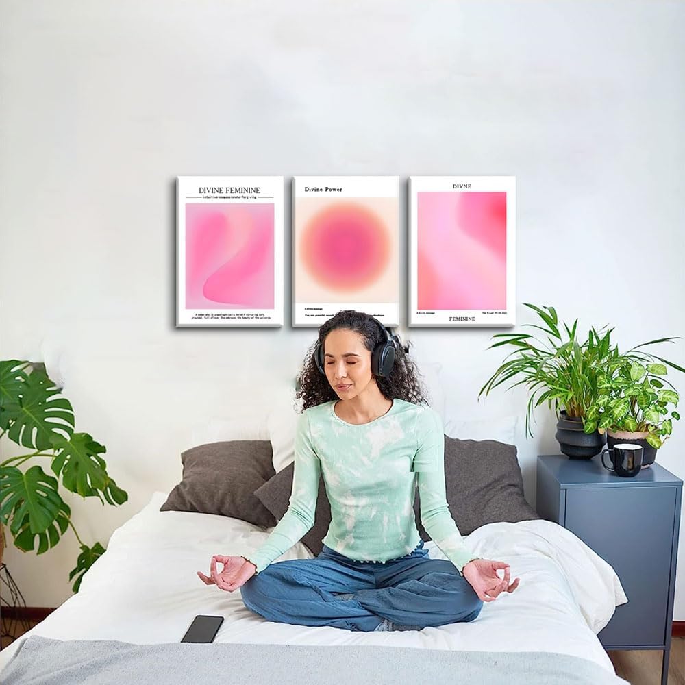 Trendy Aesthetic Canvas Wall Art - Set of 3 Pink Gradient Aura Angel Prints | Framed 12x16 Inch Decor for Bedroom & Living Room