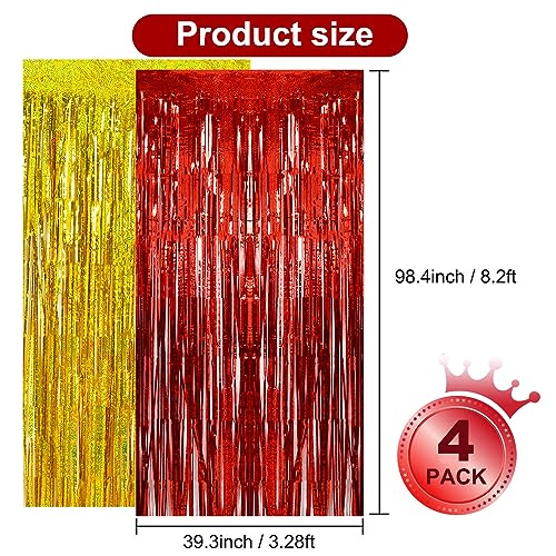 BEISHIDA 4 Pcs Red and Gold Fringe Foil Curtain Backdrop for Parties, Graduation, Weddings