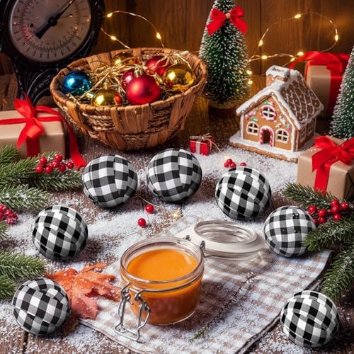 Tatuo 12 Pieces Christmas Buffalo Balls Bowl Filler Buffalo Check Ball Plaid Ornaments Decor Fabric Wrapped Balls Xmas Holiday Gingham Bowl for Fall Thanksgiving Home Decoration