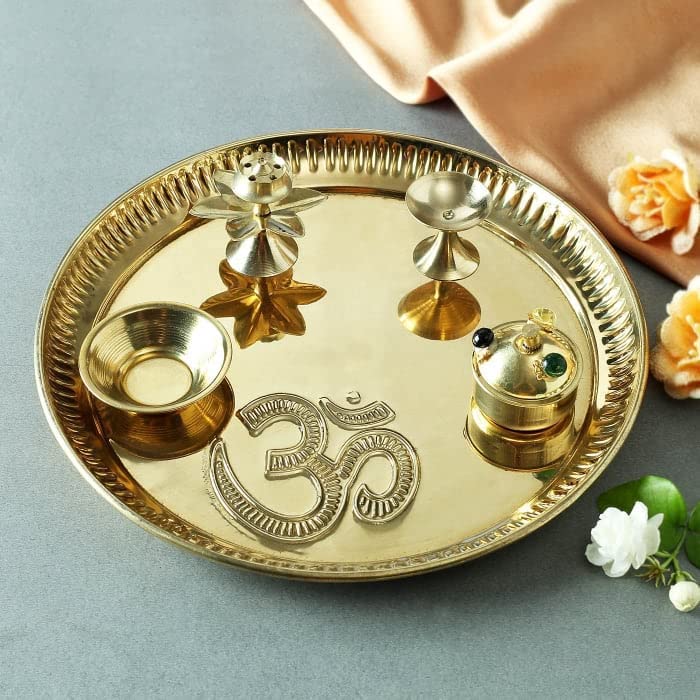8-Inch Brass Pooja Thali Set for Religious Rites and Festive Gifting