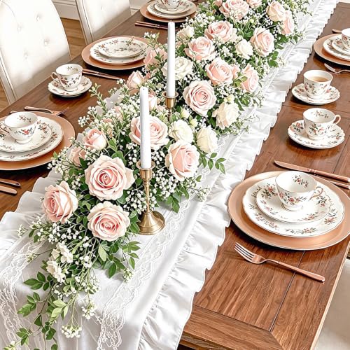 MoKoHouse 14x118 Inch White Ruffled Table Runner Set - 3 Pieces, Farmhouse Decor