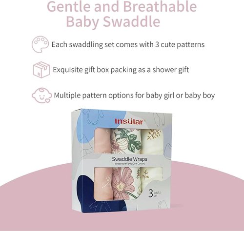 Insular Baby Swaddle Wrap - Adjustable Swaddling Set for Newborns | Soft Cotton Sleep Sack 3 Pack, Floral (0-3 Months)