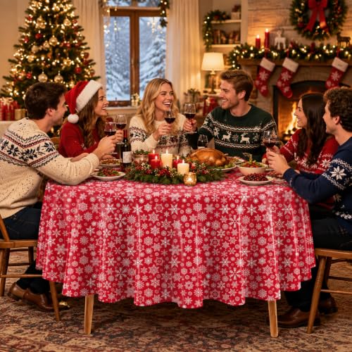 Red Snowflake Disposable Round Plastic Tablecloth 84 Inch - Pack of 10 for Christmas Parties