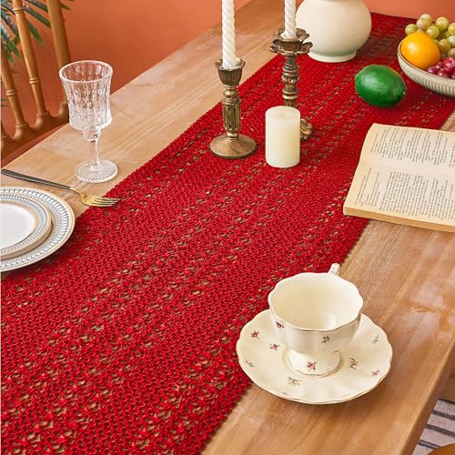 Red Macrame Burlap Table Runner 11.8x35.4in Christmas Boho Decor - Timecity