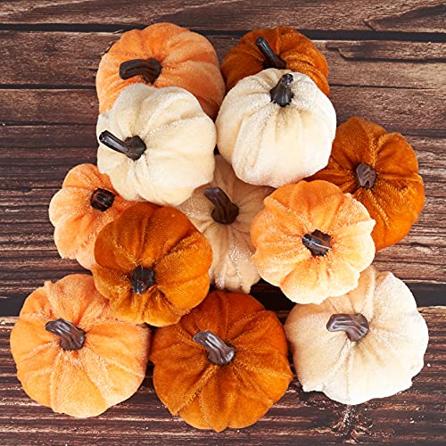 12pcs Artificial Velvet Pumpkins - Fall Thanksgiving Decor
