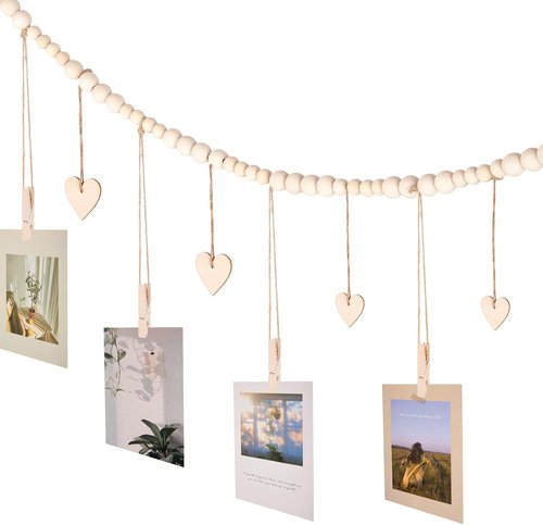 KLOGTSIND Hanging Photo Display - Boho Picture Frames Collage with 9 Wood Clips | Office & Kids Art Decor