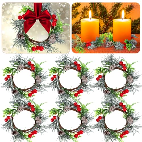 4.7 Inch Christmas Candle Rings with Artificial Red Berries, Set of 6