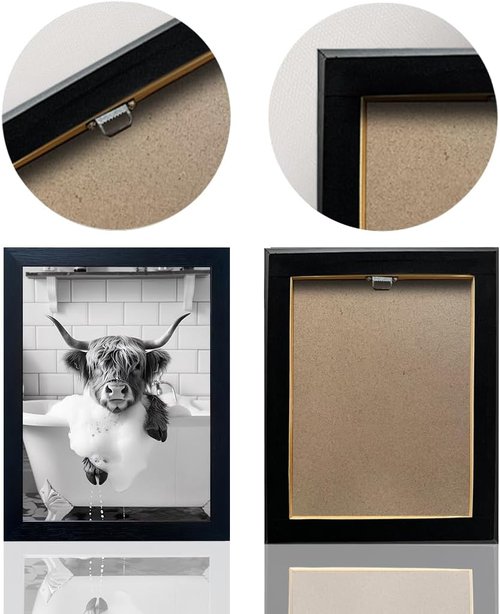 Highland Cow Wall Art | Funny Bathroom Decor - Black and White Canvas Print, Framed Animal Artwork