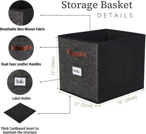 DECOMOMO Storage Baskets - 13x15x13 Cube Bins with Labels for Organized Shelves | Black Pattern (4pcs)