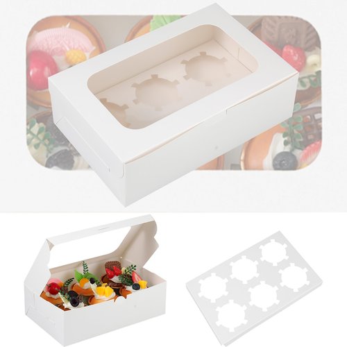 fwipiyo 50 Packs Cupcake Boxes,9.4x6.1x3.14 Inches 6 Count Cupcake Box,White Cupcake Containers with Clear Window and Six Treat Holder,Pastry and Cookie Boxes,Bakery Boxes