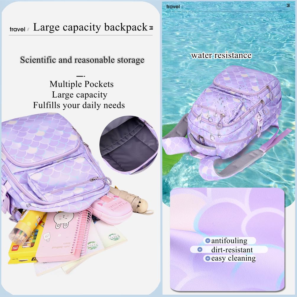EKUIZAI 3PCS Mermaid Backpack for Girls Fish Scale Print Primary Bookbags set Girls Backpack with Lunch Box