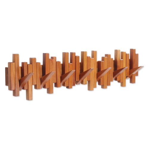 Acsigesn Wooden Coat Rack Wall Mounted Sticks Multi Rack Solid Handmade Natural Cherry Wood Artwork with 7 Flip-Down Unique Modern Hooks for Coats Bag Hat Umbrella