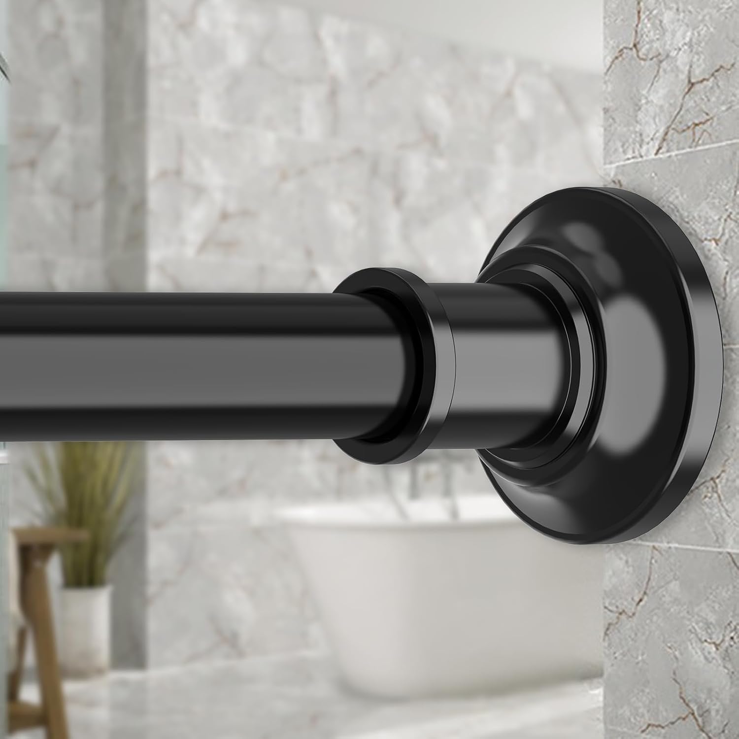 Skiennix Adjustable Tension Shower Curtain Rod - Heavy Duty, No Drill, 30 to 120 Inch, Black