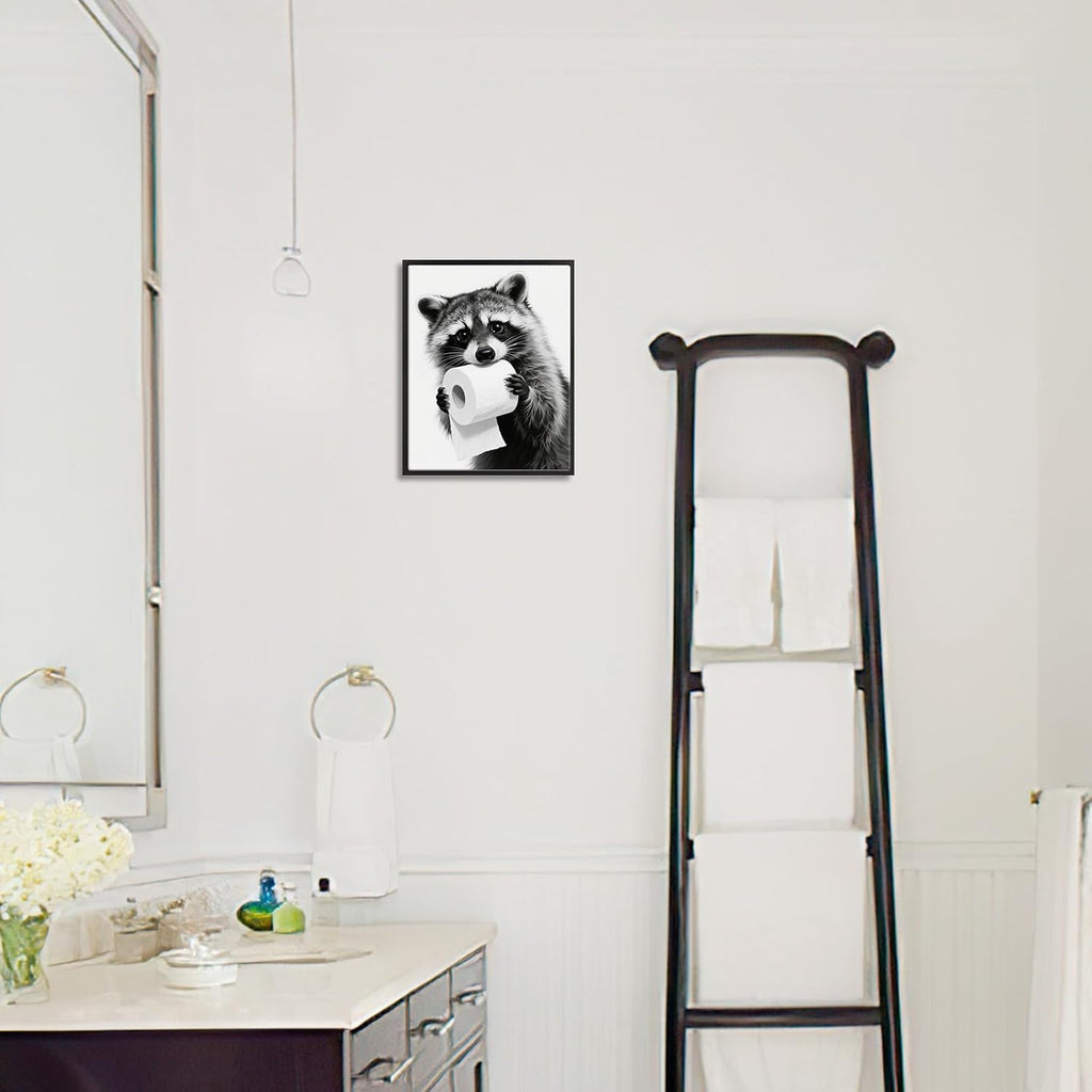 Pinetree Art Raccoon Bathroom Wall Decor - Framed Black and White Prints for Restroom Art