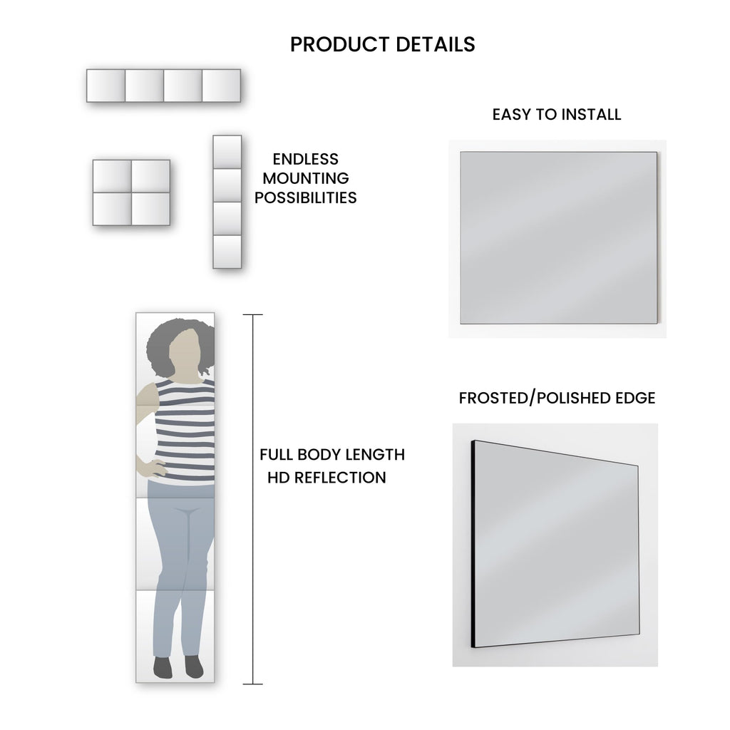 Dulles Glass - Wall Mirrors, 12''x 10'' Glass Wall Mirror Tiles (16 PCS), Large Full Body Mirror for Home Gym, Bedroom, Door, Bathroom, Frameless Mirror Tiles (Glass - 12'' x 10'' - 16PCS)