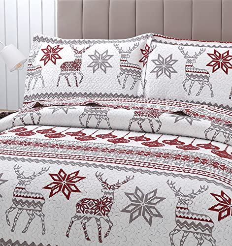 CHESITY Twin Christmas Quilt Set - Reindeer Snowflake Bedspread with Shams (68x86)