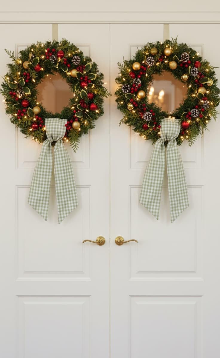 Skiennix Wreath Sash - Green and White Checkered Plaid Bow Ribbon Bundle | 2 Pack for Home Decor (5.12" x 54.33")