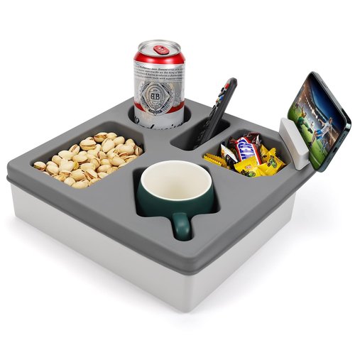 Couch Cup Holder Tray, Silicone Sofa Couch Caddy for Bed Car Seat Beach Organizer, Waterproof Cup Holder with Phone Stand for TV Remote, Snacks, Drinks, Cellphone (Grey)