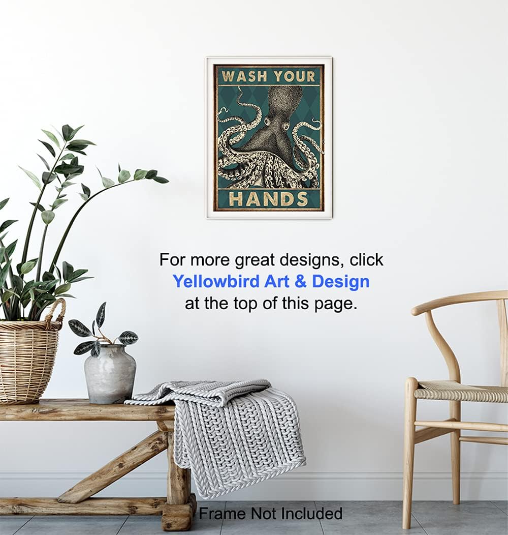 Octopus Nautical Bathroom Wall Art - Funny Beach Decor | Unique Wash Your Hands Sign - Cute Restroom Artwork