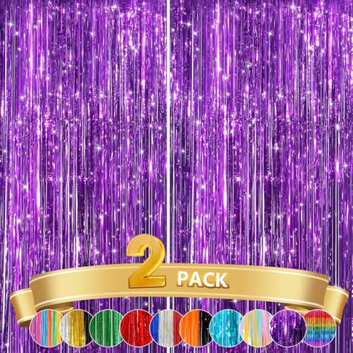 Purple Metallic Foil Fringe Curtain 2-Pack - Tinsel Party Backdrop Streamers