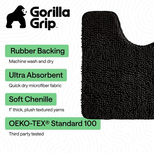 Gorilla Grip Plush Chenille Bath Rug Mat - Soft Microfiber for Oval Toilet Base | Machine Washable, Black