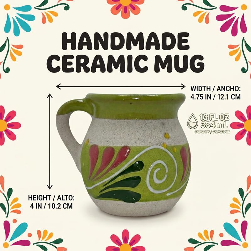 FFX Artesania Mexican Coffee Mugs Set of 4 - 13 oz Hand Painted Clay Tazas de Barro