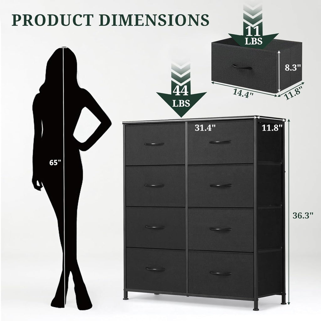 Skiennix 8-Drawer Dresser - Anti-Tip Tall Storage Organizer with Wooden Top & Metal Frame | Black