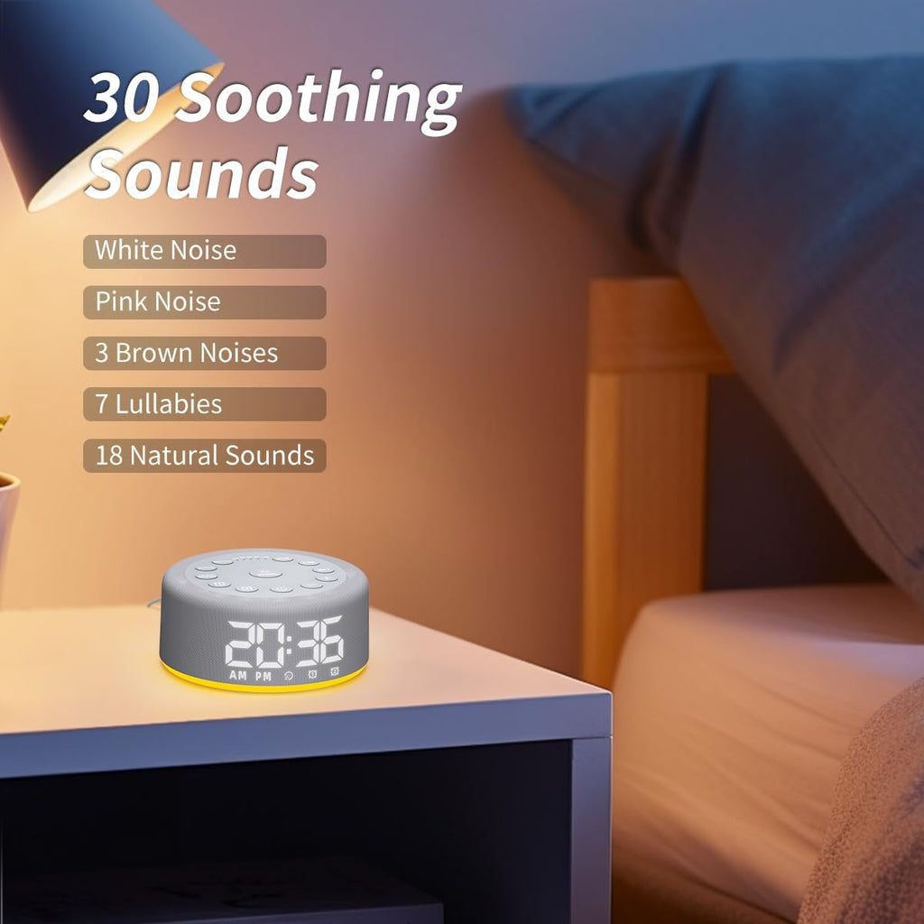 Skiennix White Noise Machine - Dual Alarm Clock with Rechargeable Battery & Night Light | 30 Sounds, 5 Timers