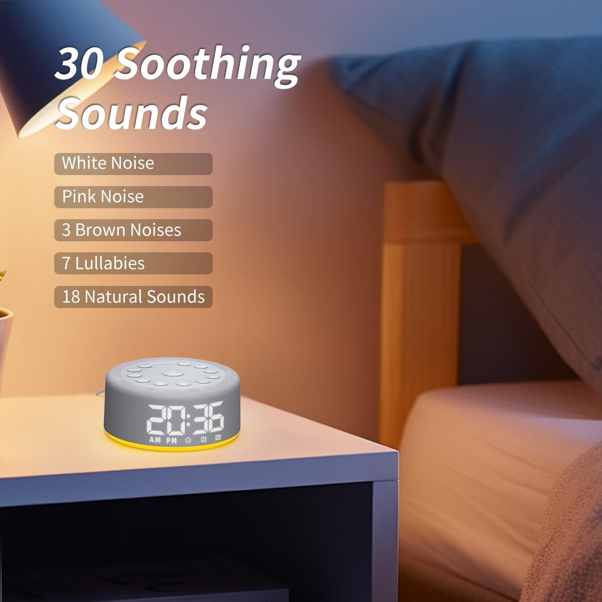 Skiennix White Noise Machine - Dual Alarm Clock with Rechargeable Battery & Night Light | 30 Sounds, 5 Timers