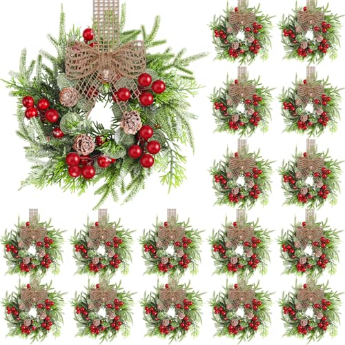 Dingion 18 Pcs Mini Christmas Wreaths for Cabinets with Pine Cones & Bows - 9in