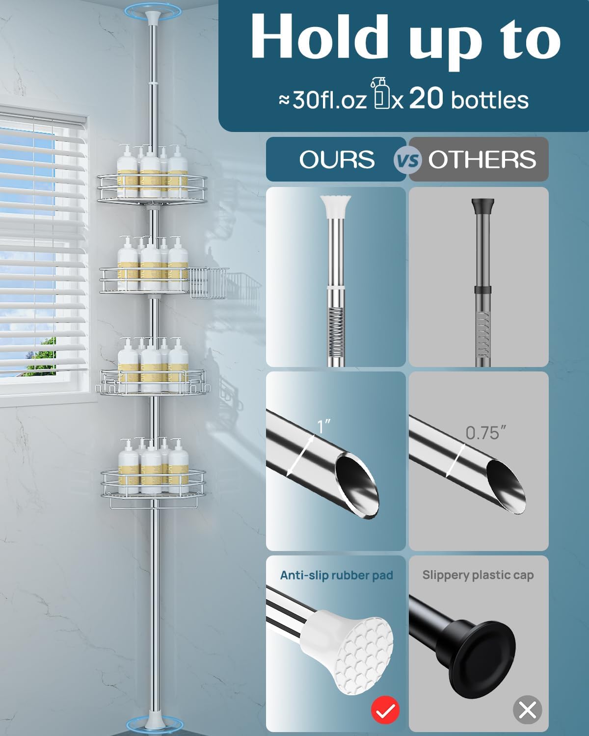 SEIRIONE Corner Shower Caddy - Rust-Free Tension Pole Organizer | 4-Tier Adjustable Shelf, Fits 34-116 Inch Height, Quick Setup, Silver