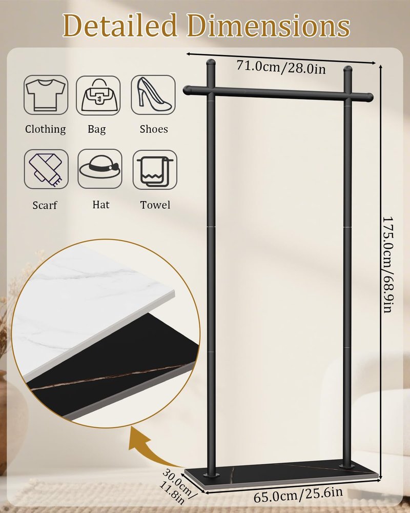 ENUMAIL Coat Rack Freestanding with Natural Rock Base, Metal Coat Hanger Stand, Industrial Garment Rack, Clothes Tree for Bedroom Living Room Office To Hang Clothes, Hats, 68.9in, Black, Large