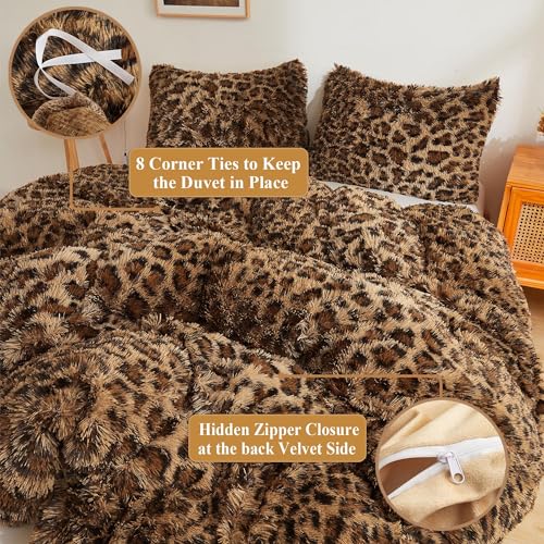 Fluffy Faux Fur Duvet Cover Set - Queen Soft Shaggy Leopard Print Bedding
