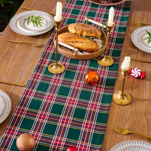 JOJOGOGO Green Tartan Plaid Christmas Table Runner 108 x 13 Inches - Festive Holiday Decor