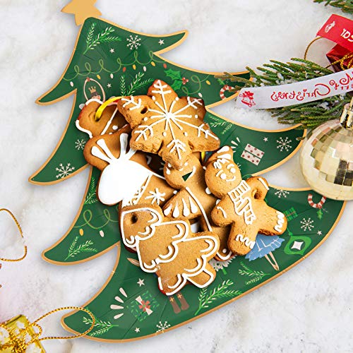 Whaline Green Xmas Tree Shape Paper Plates, 40 pcs, Gold Foil Nutcracker Holiday Party Dinnerware